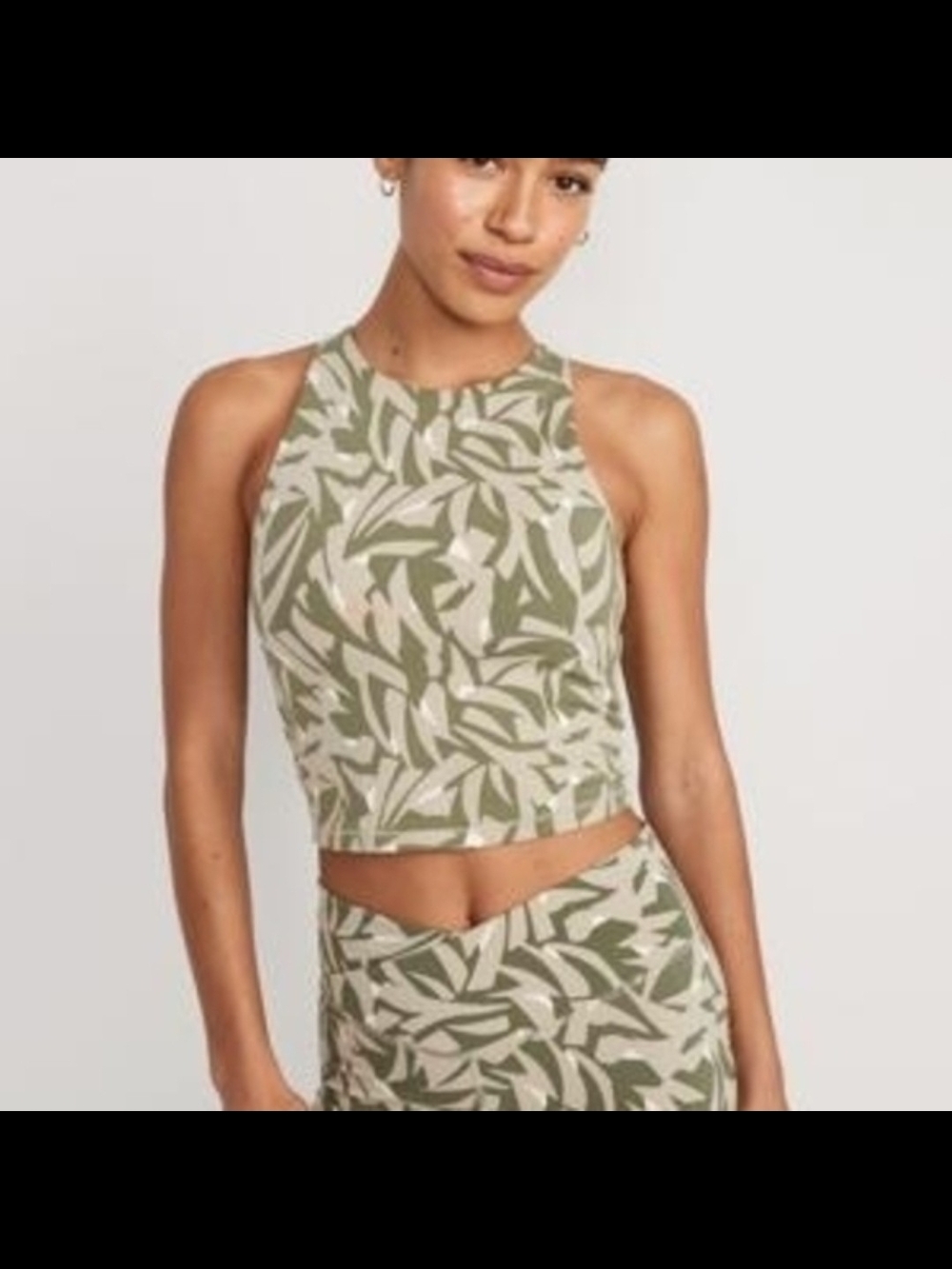 Olive Leaf Print Cropped Halter Top
